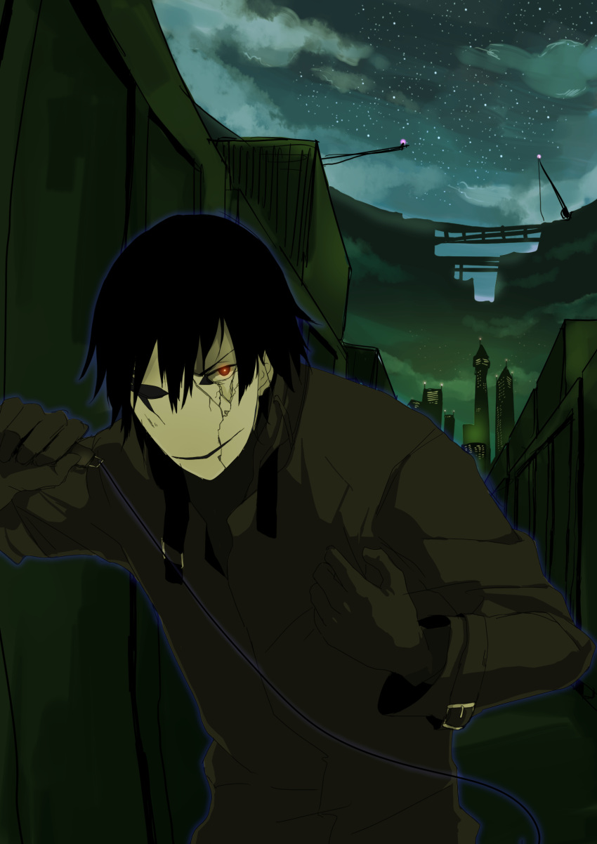 black_hair, city, crack, darker_than_black, gloves, glowing, hei, highres, male, mask, masuo1992, night, red_eyes, solo, trench_coat, trenchcoat