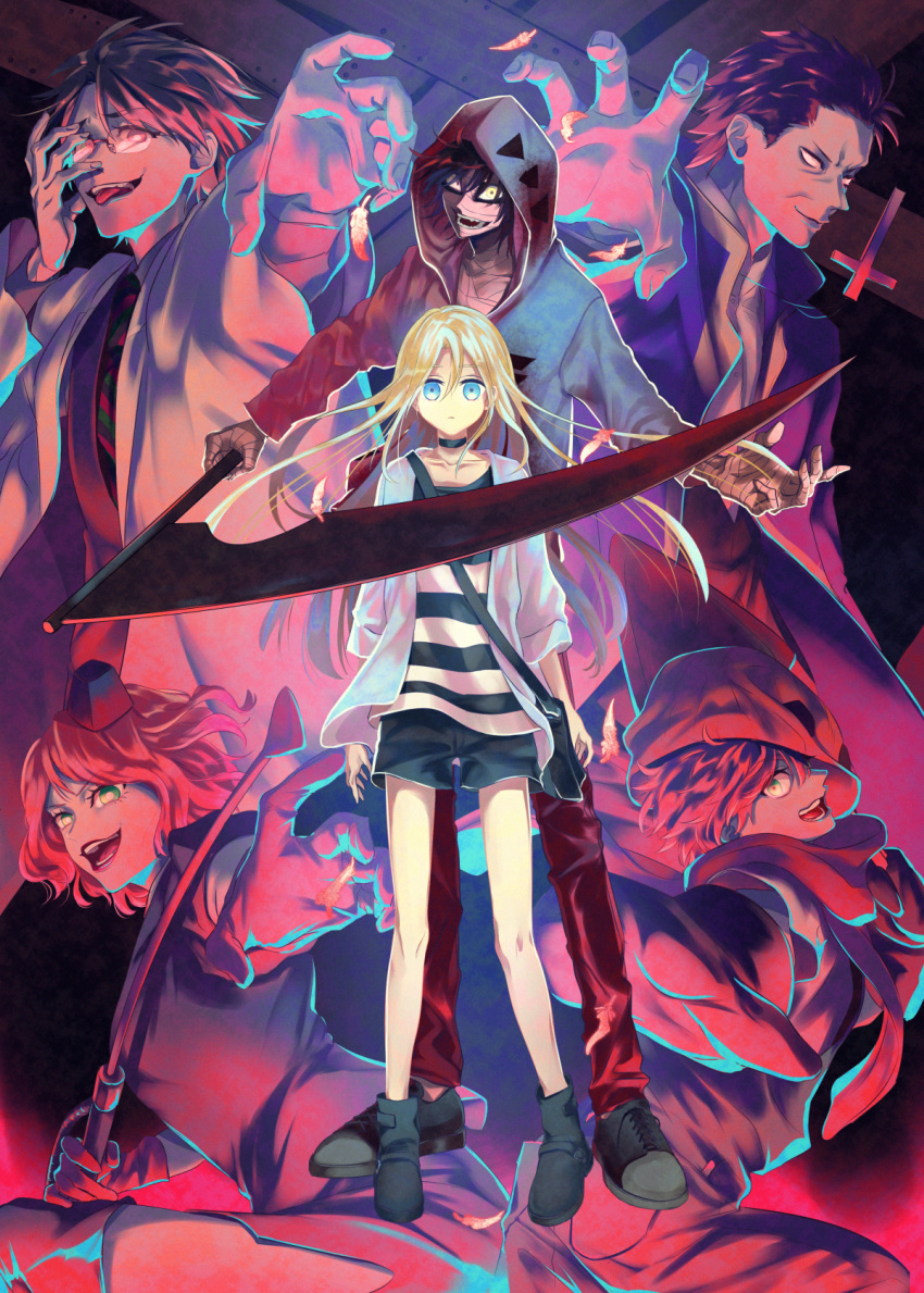 2girls, 4boys, abraham_gray_(satsuriku_no_tenshi), bag, bandage_on_face, bandages, black_footwear, black_hair, blonde_hair, blue_eyes, cathy_(satsuriku_no_tenshi), coat, danny_(satsuriku_no_tenshi), eddie_(satsuriku_no_tenshi), glasses, hair_between_eyes, highres, hood, hooded_jacket, isaac_foster, jacket, long_hair, long_sleeves, mask, multiple_boys, multiple_girls, open_mouth, outstretched_arm, pants, rachel_gardner, satsuriku_no_tenshi, scythe, shimura_(yoshikatu), shirt, short_hair, shoulder_bag, smile, spiky_hair, striped_clothes, striped_shirt, tongue, tongue_out, white_coat, white_shirt