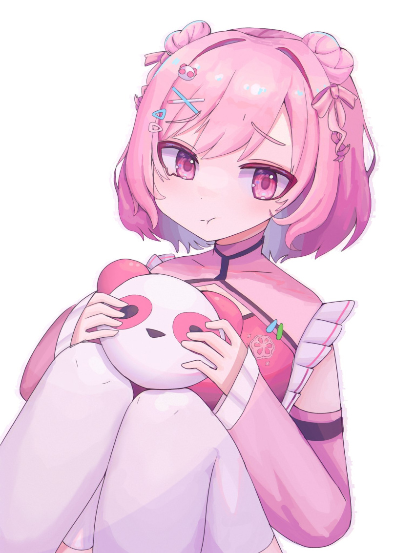 1girl, collarbone, commentary, detached_sleeves, dot_nose, double_bun, dress, english_commentary, frills, genkibunko, hair_bun, hair_ornament, hairclip, highres, holding, kiko_hayashi, looking_at_viewer, nexas_(vtuber), panda_hair_ornament, pink_dress, pink_eyes, pink_hair, pink_ribbon, pink_sleeves, pout, ribbon, simple_background, sitting, sleeves_past_wrists, solo, swept_bangs, thigh-highs, two_side_up, white_background, white_thighhighs, x_hair_ornament