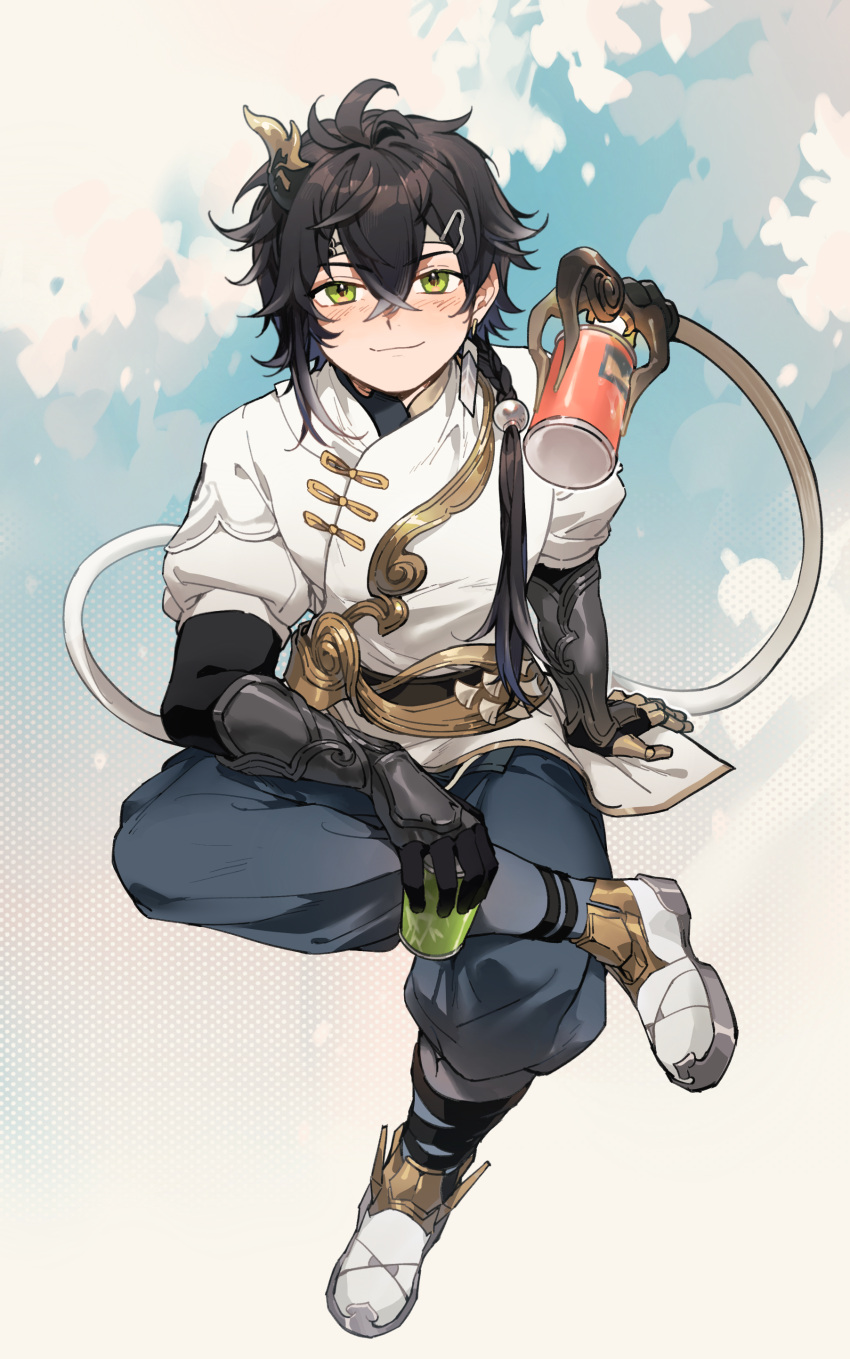 1boy, absurdres, arm_support, baggy_pants, black_gloves, black_hair, blue_pants, blush