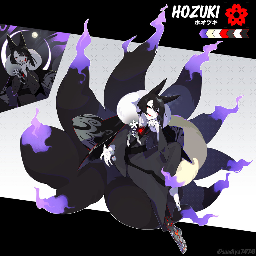 1boy, absurdres, animal_ears, barefoot, black_coat, black_eyes, black_hair, black_kimono, character_name, coat, coat_on_shoulders, color_guide, colored_skin, commentary_request, cracked_skin, dice, empty_eyes, flame-tipped_tail, fox_boy, fox_ears, fox_tail, full_body, fur_collar, grey_background, hand_up, haori, highres, japanese_clothes, kimono, kitsune, kyuubi, long_sleeves, looking_at_viewer, male_focus, medium_hair, multiple_tails, multiple_views, no_pupils, original, reference_sheet, saadiya74, solo, tail, white_skin, wide_sleeves