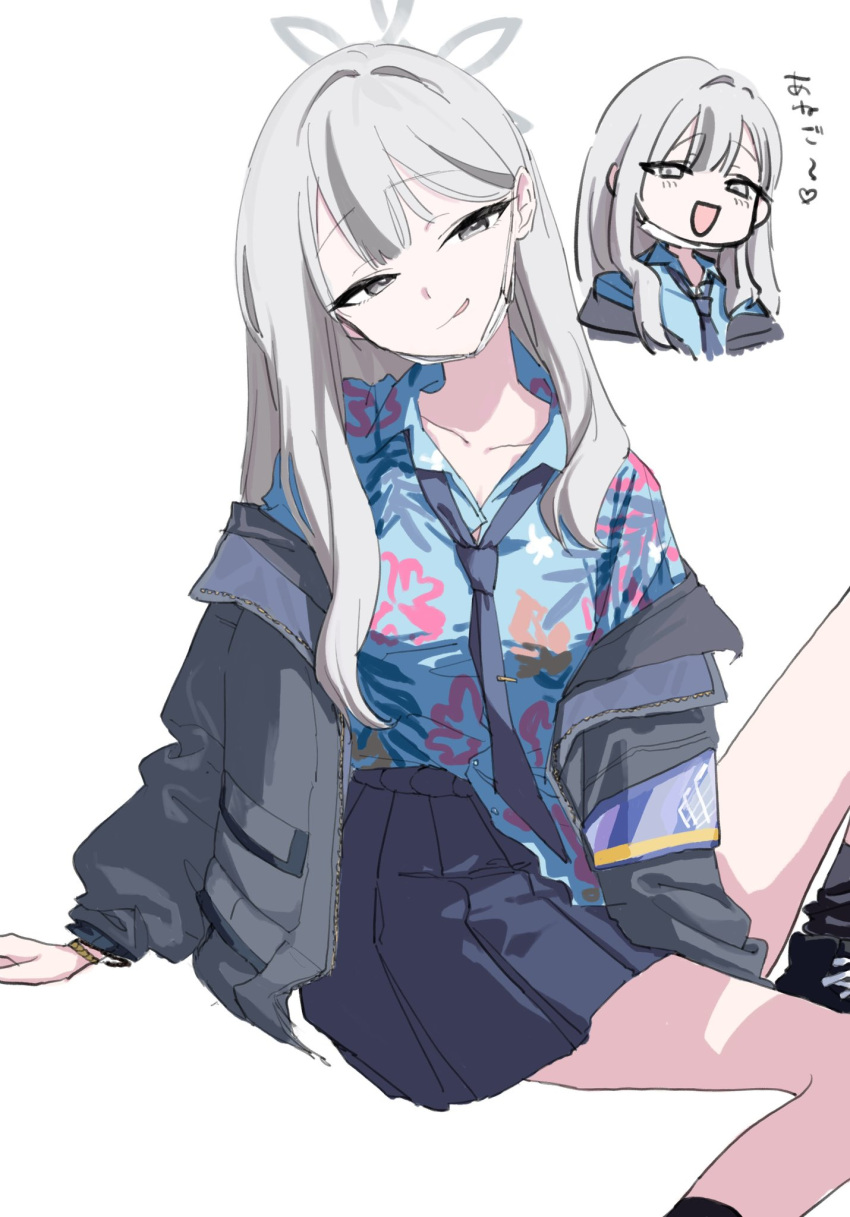 1girl, a_mayonnaiseda, black_necktie, blue_archive, blue_shirt, chibi, collared_shirt, grey_eyes, grey_hair, grey_halo, halo, hawaiian_shirt, highres, jacket, konoka_(blue_archive), mask, mask_pull, mouth_mask, necktie, open_clothes, open_jacket, shirt, simple_background, solo, white_background, white_mask