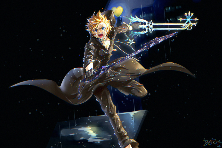 1boy, 3582y, angry, black_coat_(kingdom_hearts), black_pants, blonde_hair, blue_eyes, commentary_request, crying, crying_with_eyes_open, dual_wielding, floating_clothes, holding, holding_weapon, hood, hood_down, hooded_coat, keyblade, kingdom_hearts, male_focus, night, oathkeeper, oblivion_(keyblade), open_mouth, outdoors, pants, rain, roxas, running, running_towards_viewer, signature, solo, spiky_hair, tears, weapon, wet, wet_clothes