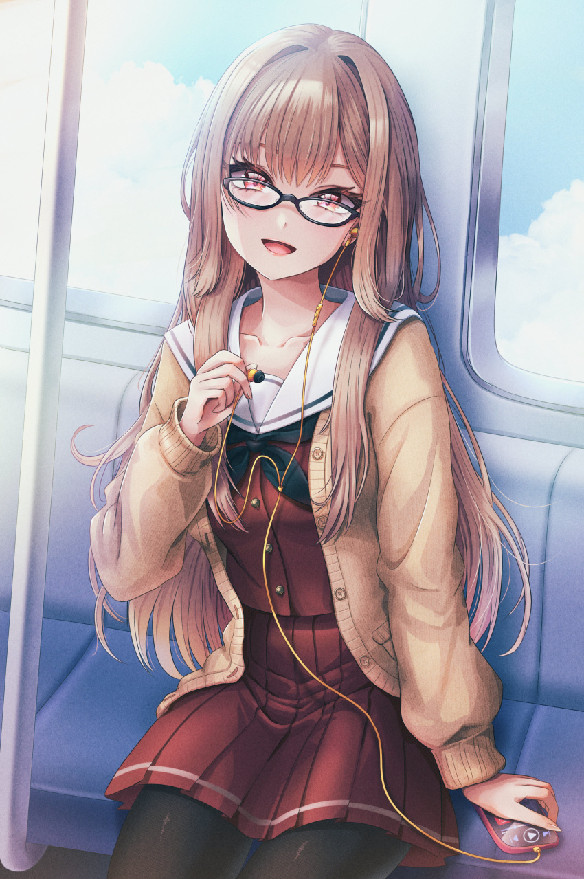 1girl, absurdres, black-framed_eyewear, black_neckerchief, black_pantyhose, blue_sky, brown_cardigan, brown_hair