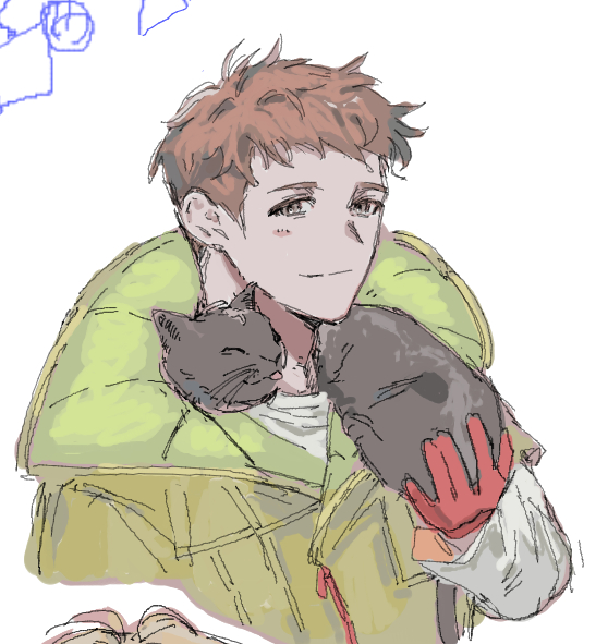 black_cat, brown_eyes, brown_hair, cat, chipie_(gnosia), closed_mouth, coat, eip_190