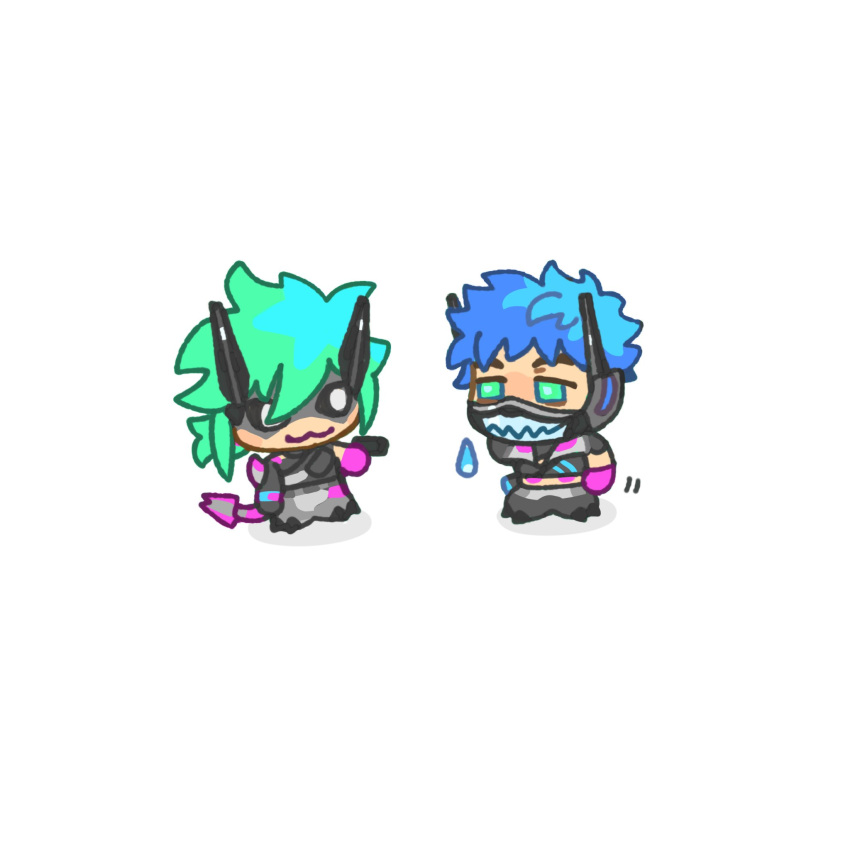 1boy, 1girl, alter_(apex_legends), animification, apex_legends, black_pants, black_sclera, black_shirt, blue_hair, chibi, colored_sclera, cropped_shirt, gloves, green_eyes, green_hair, grey_eyes, grey_pants, gun, handgun, highres, holding, holding_gun, holding_weapon, looking_at_another, mask, mechanical_tail, mitus, mouth_mask, multiverse_marathoner_octane, octane_(apex_legends), pants, purple_gloves, shirt, short_hair, smile, tail, weapon