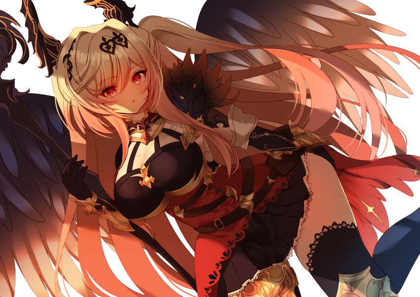 absurdres, belt, black_wings, blonde_hair, breasts, dark_angel_olivia, fallen_angel, feather_trim