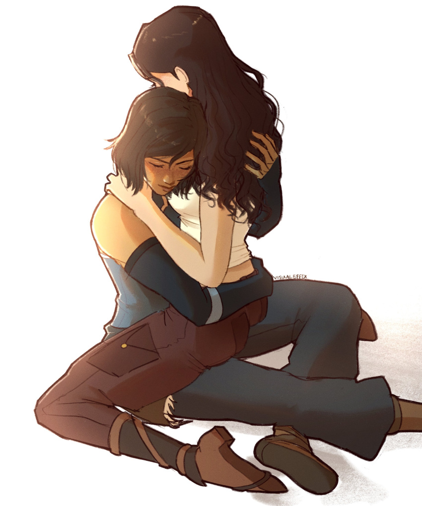 2girls, absurdres, asami_sato, avatar_legends, black_pants, blue_shirt, brown_footwear, brown_hair, brown_pants, closed_eyes, closed_mouth, commentary, dark-skinned_female, dark_skin, detached_sleeves, english_commentary, hand_on_another's_back, hand_on_another's_shoulder, hand_on_another's_waist, highres, hug, korra, long_hair, medium_hair, multiple_girls, pants, shirt, simple_background, sitting, sitting_on_lap, sitting_on_person, sleeveless, sleeveless_shirt, the_legend_of_korra, visualeffex, white_background, white_shirt, yuri