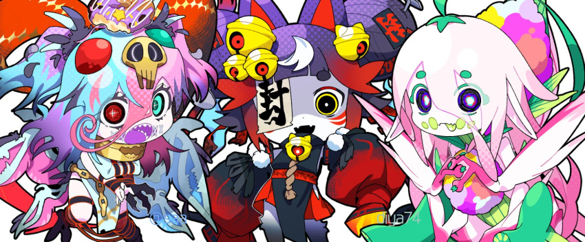 1other, 2girls, animal_ears, blue_hair, body_fur, bright_pupils, claws, colored_skin