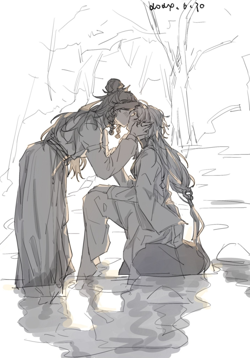 2girls, blush, chinese_clothes, chinese_commentary, commentary, dated, du_ruo_(path_to_nowhere), greyscale, hand_on_another's_face, highres, kiss, long_hair, long_sleeves, monochrome, multiple_girls, outdoors, path_to_nowhere, robe, sitting, tooong4, tree, wading, yao_(path_to_nowhere), yuri