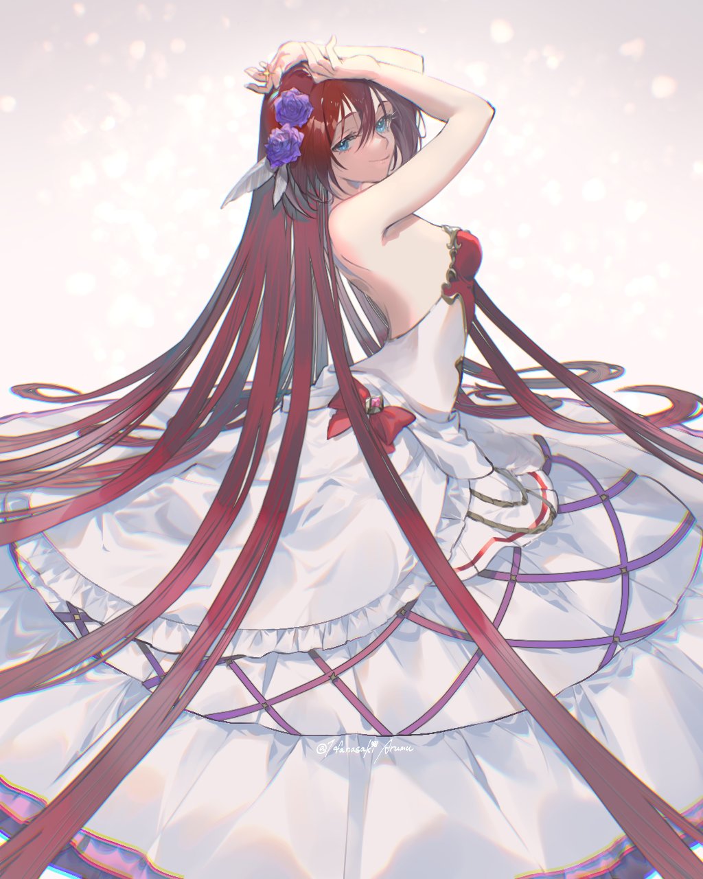 1girl, arms_up, arumu, bow, dress, flower, godsworn_alexiel, granblue_fantasy