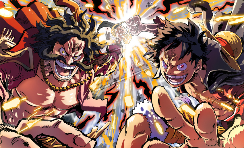 2boys, abs, absurdres, aiming, aiming_at_viewer, black_cape, black_hair, cape, chest_tattoo, cidades, coat, electricity, english_commentary, epaulettes, facial_hair, gol_d._roger, hat, highres, holding, holding_sword, holding_weapon, incoming_attack, jewelry, looking_at_viewer, male_focus, monkey_d._luffy, multiple_boys, mustache, necklace, one_piece, open_clothes, open_mouth, open_shirt, pearl_necklace, pink_shirt, red_coat, red_eyes, red_shirt, shirt, short_hair, straw_hat, sword, tattoo, weapon
