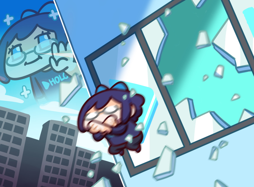 1girl, a-chan_(1st_costume)_(hololive), a-chan_(hololive), absurdres, autodefenestration, black_pants, blue_eyes, blue_hair