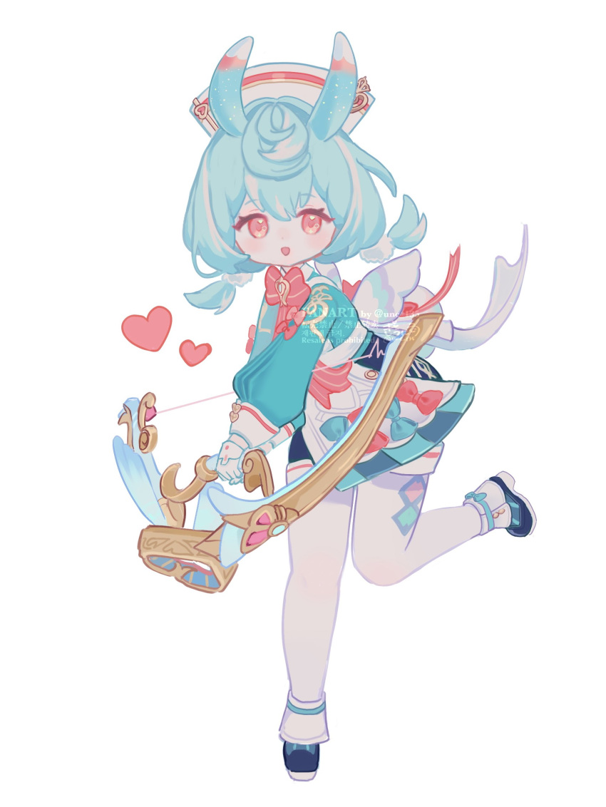 1girl, :d, absurdres, animal_ears, apron, aqua_bow, aqua_shirt, artist_name