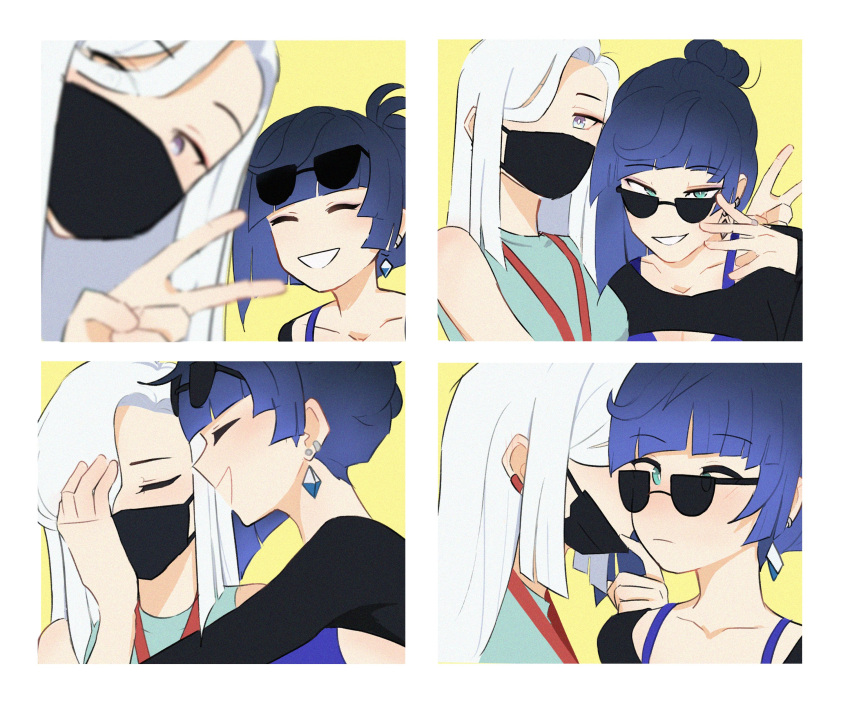 2girls, absurdres, black_mask, black_shirt, blue_eyes, blue_shirt, blush, closed_eyes
