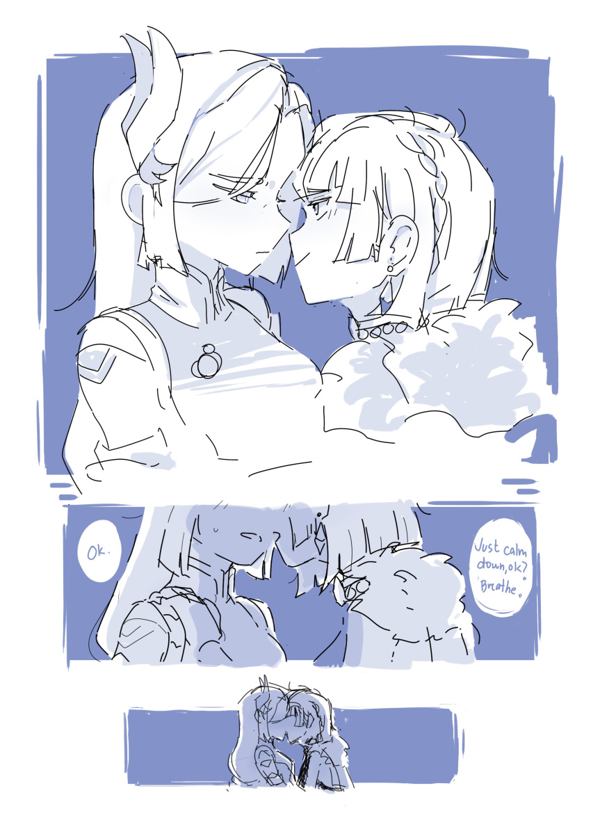 2girls, absurdres, braid, closed_mouth, commentary, crown_braid, english_commentary, english_text
