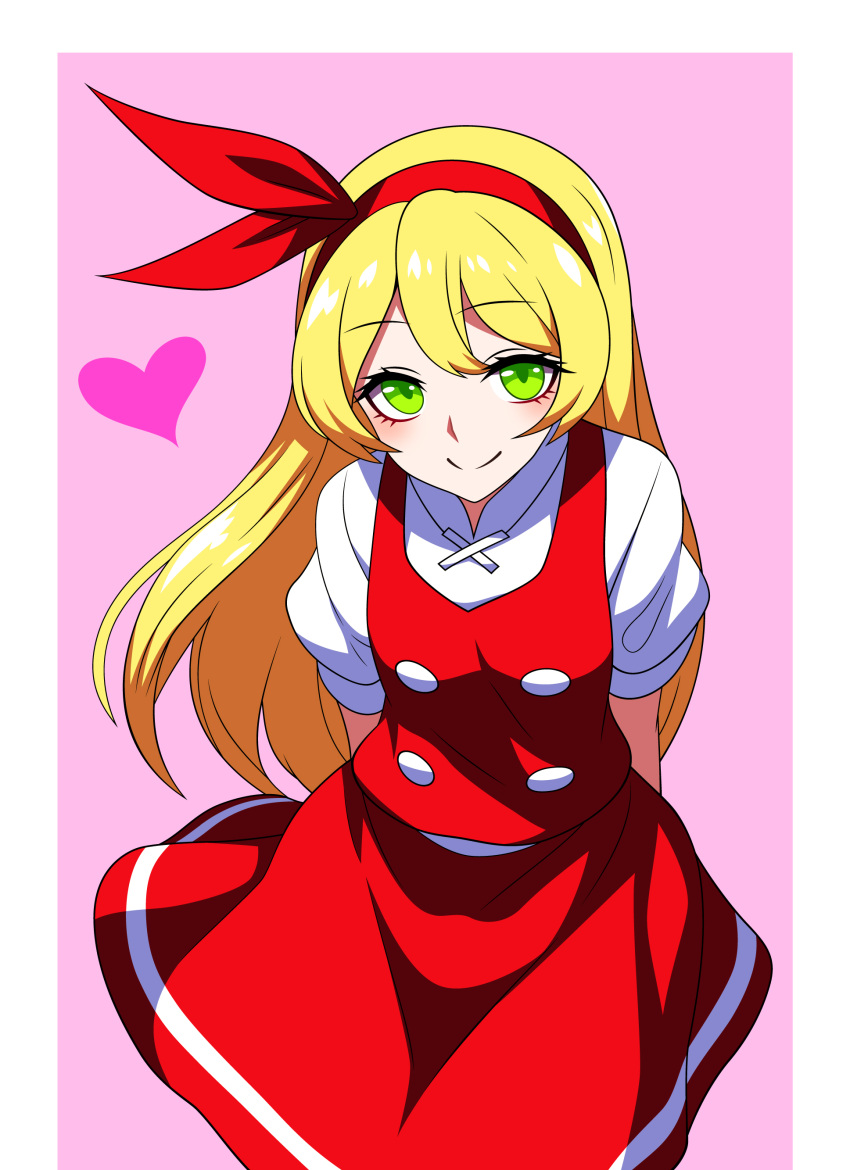 1girl, absurdres, arms_behind_back, blonde_hair, border, breasts, buttons, closed_mouth