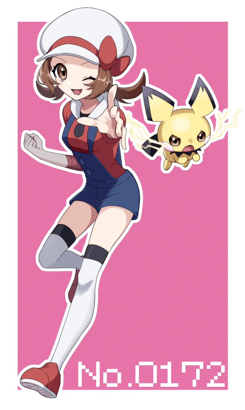 1girl, ;d, absurdres, animal_ears, blue_overalls, border, bow, brown_eyes