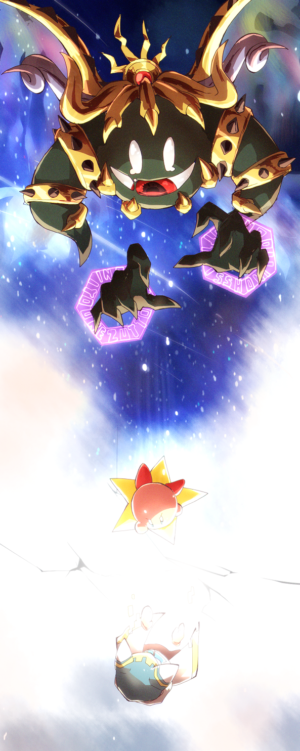 animal_ears, armlet, baku_(baku325), blue_eyes, blue_hood, cape, claws, colored_skin, disembodied_hand, ear_covers, energy_wings, extra_eyes, falling, gear_print, gloves, gold_crown, gradient_background, highres, kirby, kirby's_return_to_dream_land, kirby_(series), magolor, magolor_soul, master_crown, multiple_armlets, no_humans, pink_skin, reaching, red_eyes, red_footwear, shoes, solid_oval_eyes, space, spiked_armlet, star_(symbol), teardrop, tearing_up, warp_star, white_background, white_cape, white_eyes, white_gloves