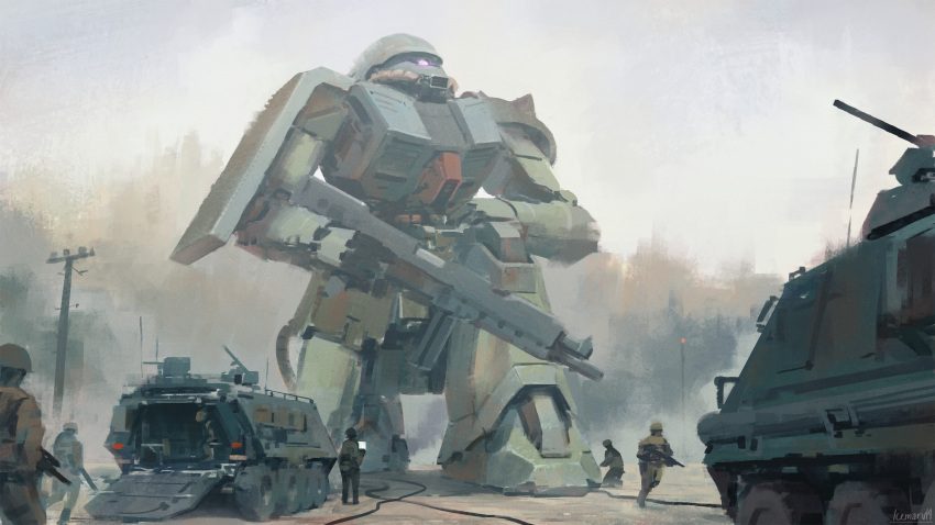 6+boys, armored_personnel_carrier, armored_vehicle, artist_name, cable, clouds, cloudy_sky, commentary