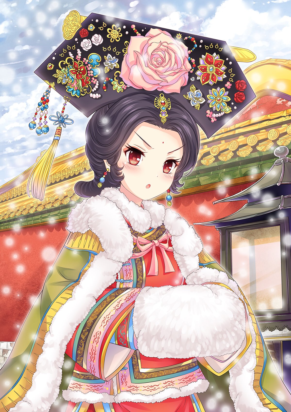 1girl, :o, annoyed, architecture, black_hair, china_comic, chinese_clothes, chinese_knot, cloak, clouds, cowboy_shot, day, dot_nose, earrings, east_asian_architecture, facial_mark, flower, forehead_mark, fur-trimmed_cloak, fur_trim, hair_flower, hair_ornament, hand_in_clothes, highres, huadian, jewelry, layered_clothes, liangbatou, light_blush, manchu_clothes, multicolored_clothes, original, outdoors, own_hands_together, panchang_knot, parted_hair, pink_flower, pink_rose, red_eyes, rose, snowing, solo, split_mouth, tassel, tassel_hair_ornament, three_quarter_view, v-shaped_eyebrows
