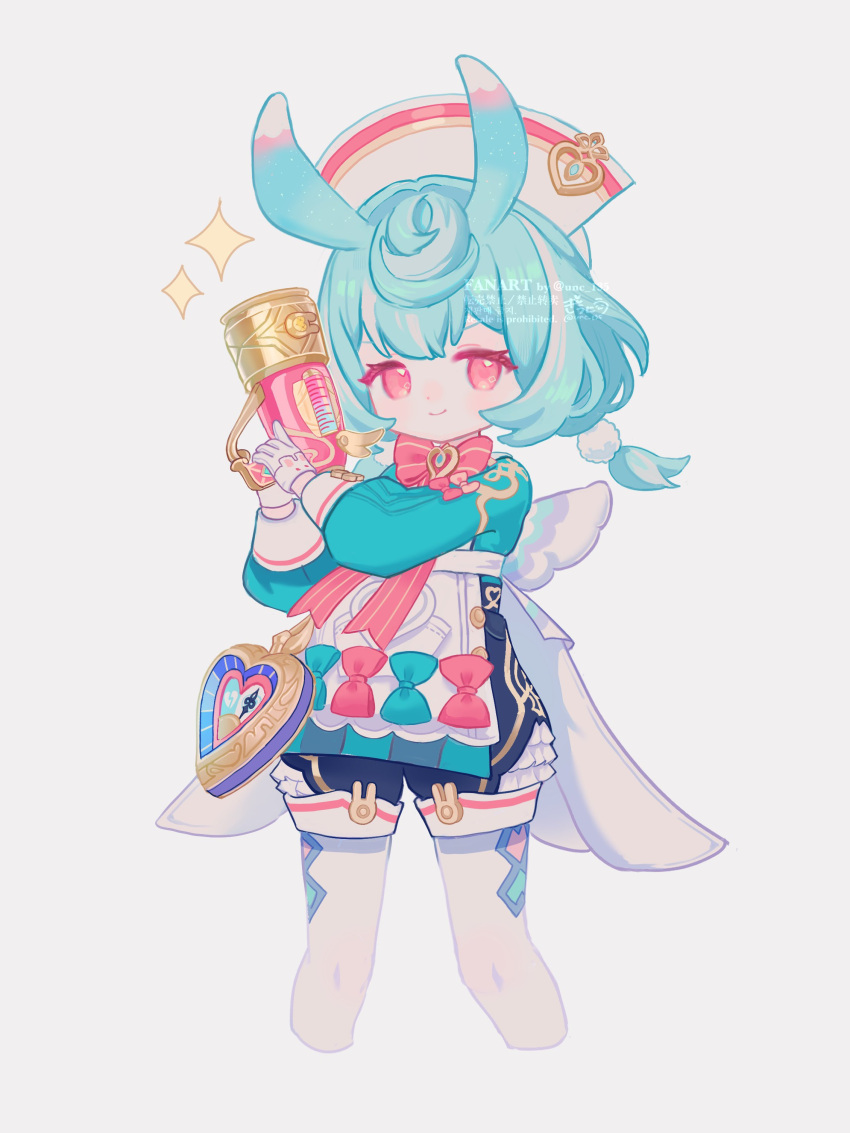 1girl, absurdres, animal_ears, apron, aqua_bow, aqua_shirt, artist_name, black_shorts