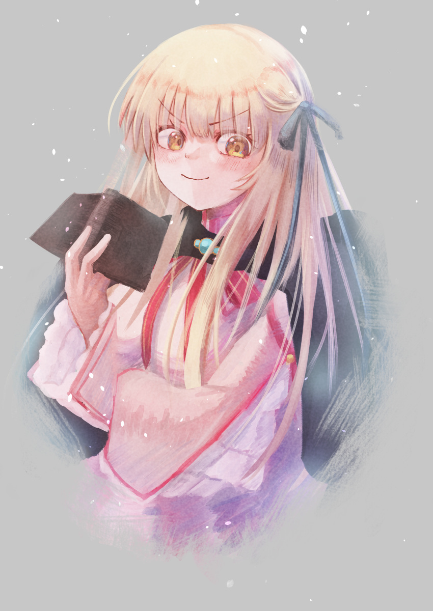 >:), 1girl, absurdres, black_ribbon, blonde_hair, blush, book, frills