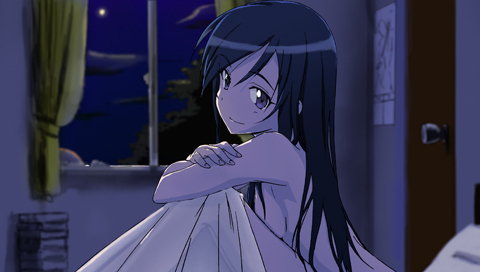 bad_id, bed_sheet, bedroom, black_hair, hijikitowakame, kousaka_kirino, leg_hug, long_hair