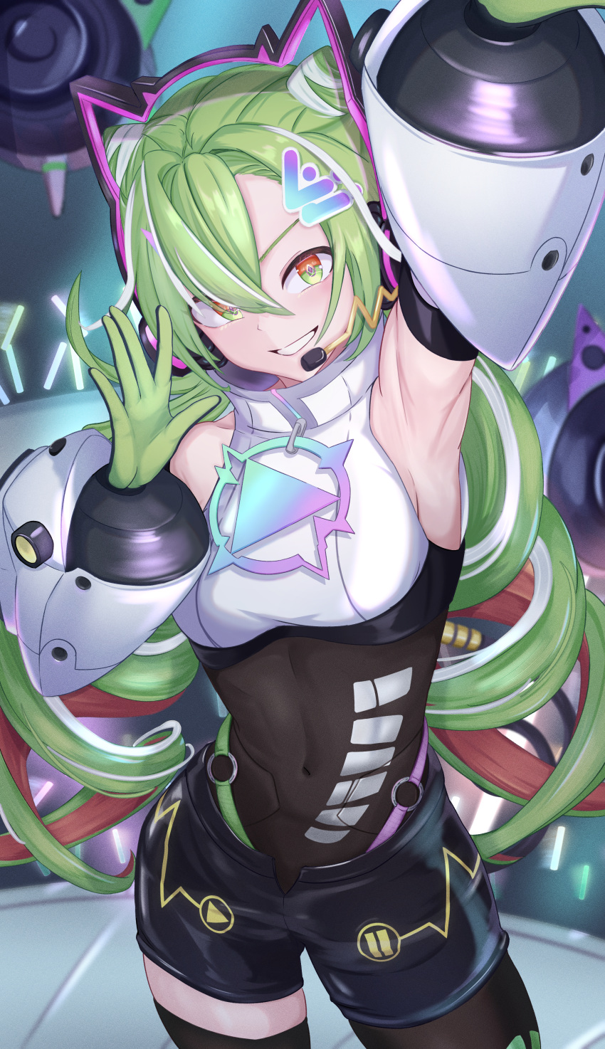1girl, absurdres, animal_ear_headphones, animal_ears, arm_up, armpits, black_shorts, cat_ear_headphones, detached_sleeves, drill_hair, fake_animal_ears, festibattle, gloves, green_eyes, green_hair, headphones, headset, highres, low_twintails, multicolored_clothes, multicolored_eyes, multicolored_gloves, multicolored_hair, orange_eyes, pause_button, play_button, shorts, solo, tara_(wolfrex0227), thigh-highs, twin_drills, twintails, vivi_gagavy