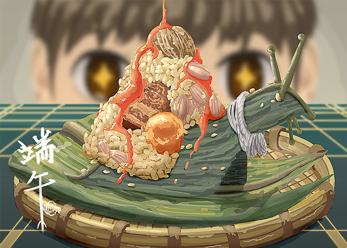 1boy, animal-themed_food, blurry, blurry_background, brown_eyes, brown_hair, food, food_focus