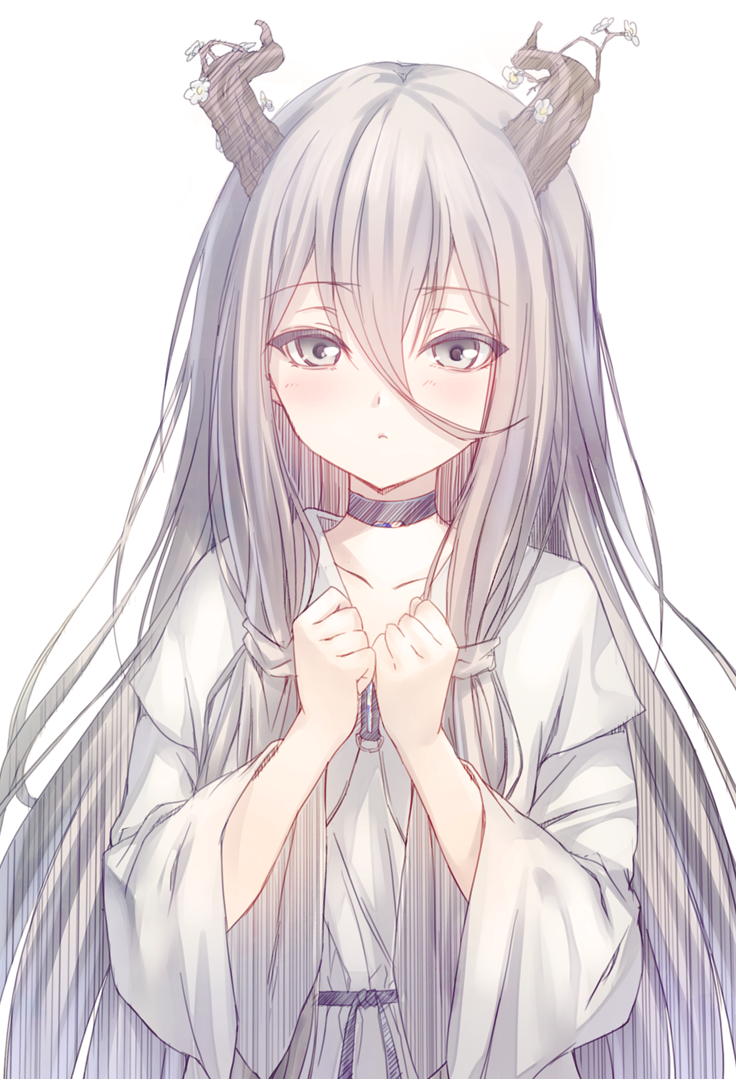 1girl, black_choker, blush, choker, clenched_hands, closed_mouth, collarbone, commentary, counter:side, curled_horns, dress, frown, grey_eyes, grey_hair, hair_between_eyes, half-closed_eyes, hands_on_own_chest, horn_flower, horns, long_hair, long_sleeves, looking_at_viewer, moka_(mochafree), own_hands_together, shepherd_(counter:side), sidelocks, simple_background, sketch, solo, straight-on, straight_hair, tree_horns, upper_body, white_background, white_dress, wide_sleeves