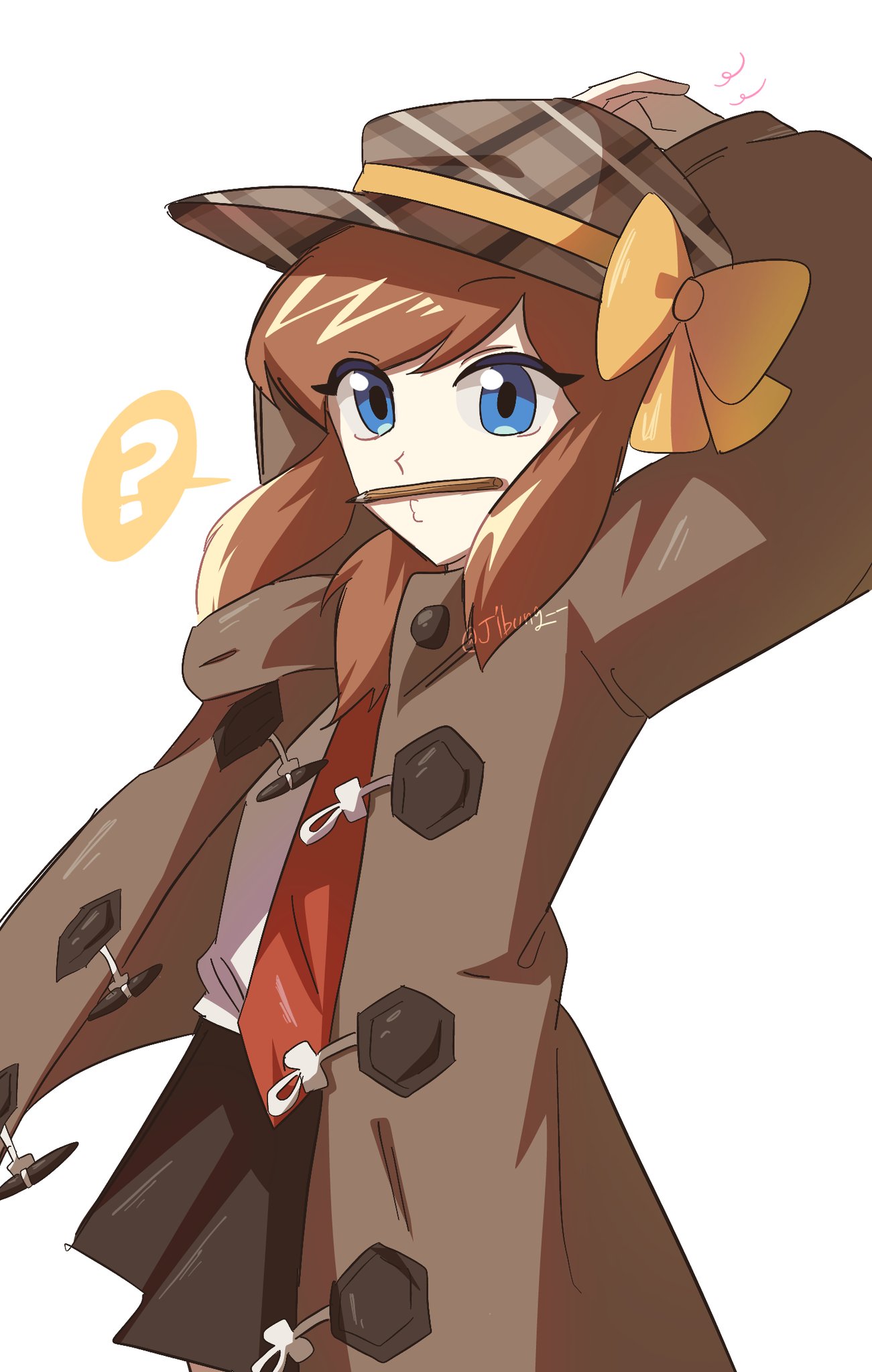 1girl, ?, a_hat_in_time, arms_behind_head, black_skirt, blue_eyes, brown_coat, brown_hair