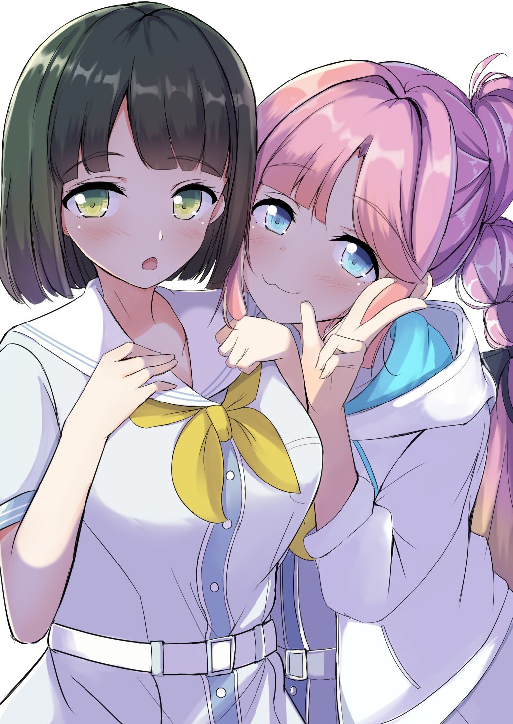 2girls, :3, :o, ahoge, anyoji_hime, black_ribbon, blonde_hair, blue_eyes