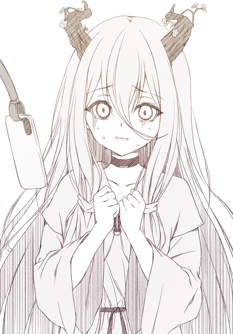 1girl, black_choker, cellphone, choker, clenched_hands, collarbone, commentary, counter:side, curled_horns, dress, furrowed_brow, grey_eyes, grey_hair, greyscale, hair_between_eyes, half-closed_eyes, hands_on_own_chest, horn_flower, horns, horrified, long_hair, long_sleeves, looking_at_viewer, machine-g.a.p., mechanical_arms, moka_(mochafree), monochrome, own_hands_together, parted_lips, phone, raised_eyebrows, shepherd_(counter:side), sidelocks, simple_background, sketch, smartphone, solo_focus, straight-on, straight_hair, sweat, tree_horns, upper_body, white_background, wide_sleeves