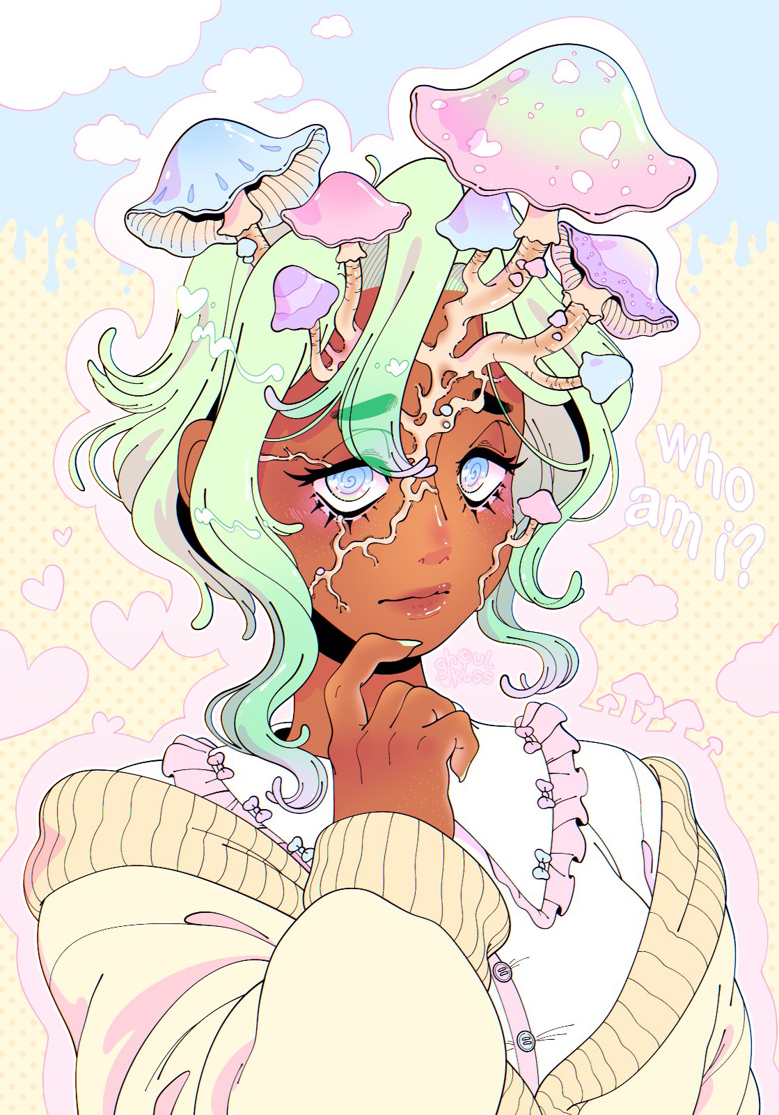 1girl, @_@, blue_background, blue_bow, blue_eyes, blue_sky, bow, clouds, collar, collared_shirt, colored_tips, dark_skin, dripping, english_text, freckles, frilled_collar, frills, frown, fungi, ghoulkiss, gradient_outline, green_hair, green_nails, growing_out_of_body, hand_on_own_chin, heart, highres, looking_at_viewer, monster_girl, multicolored_hair, mushroom, original, outline, pastel_colors, pink_bow, pink_outline, pink_trim, polka_dot, polka_dot_background, purple_bow, shirt, sky, sweater, white_outline, white_shirt, yellow_background, yellow_sweater