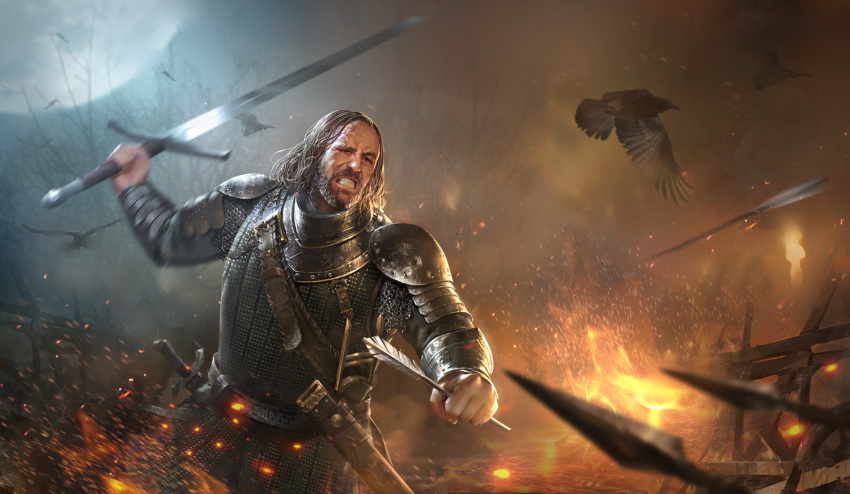 1boy, a_song_of_ice_and_fire, armor, arrow_(projectile), bird, crow, fire, full_moon, game_of_thrones, holding, holding_sword, holding_weapon, jasper-c, long_hair, looking_at_viewer, male_focus, moon, night, night_sky, outdoors, parted_lips, pauldrons, sandor_clegane, scar, scar_on_face, shoulder_armor, sky, solo, sword, teeth, weapon