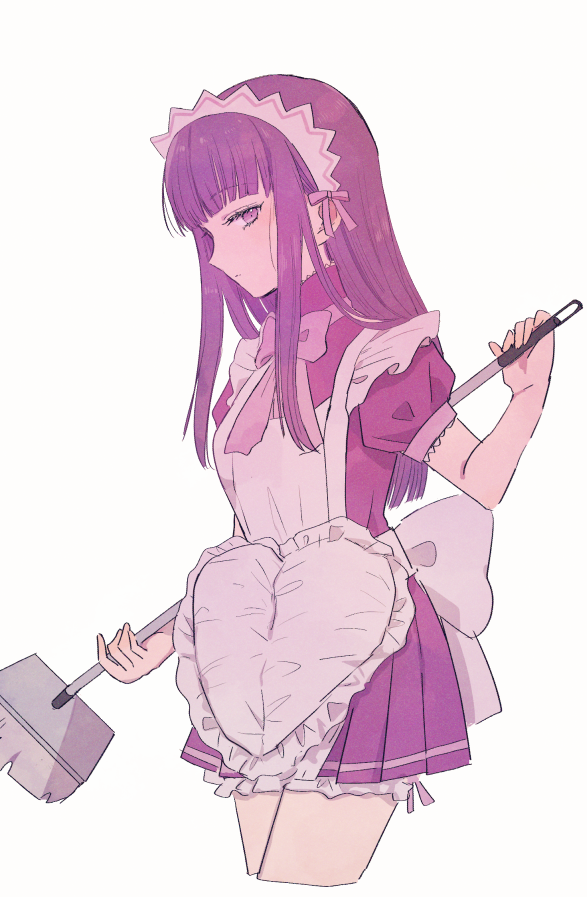 1girl, apron, blunt_bangs, bow, broom, dress, eyelashes, from_side