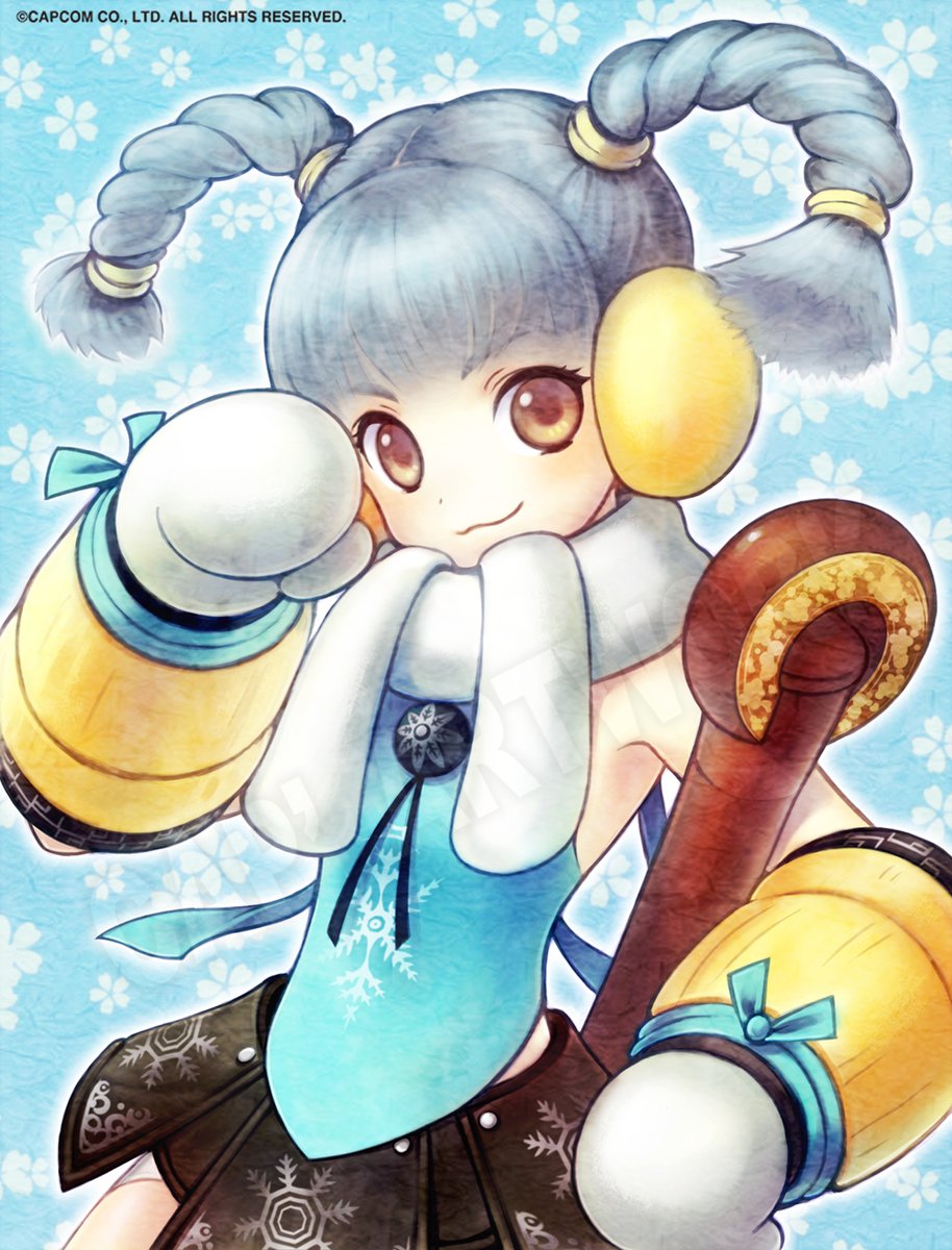 1girl, :3, blue_background, blue_hair, blue_shirt, braid, brown_eyes, cowboy_shot, flower_(symbol), highres, holding, holding_weapon, itsuki_(sengoku_basara), kataiwa_yuri, looking_at_viewer, mittens, official_art, scarf, second-party_source, sengoku_basara, shirt, sleeveless, solo, twin_braids, watermark, weapon, white_mittens, white_scarf