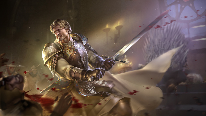 1boy, a_song_of_ice_and_fire, armor, blonde_hair, blood, blood_on_weapon, blood_splatter, candle