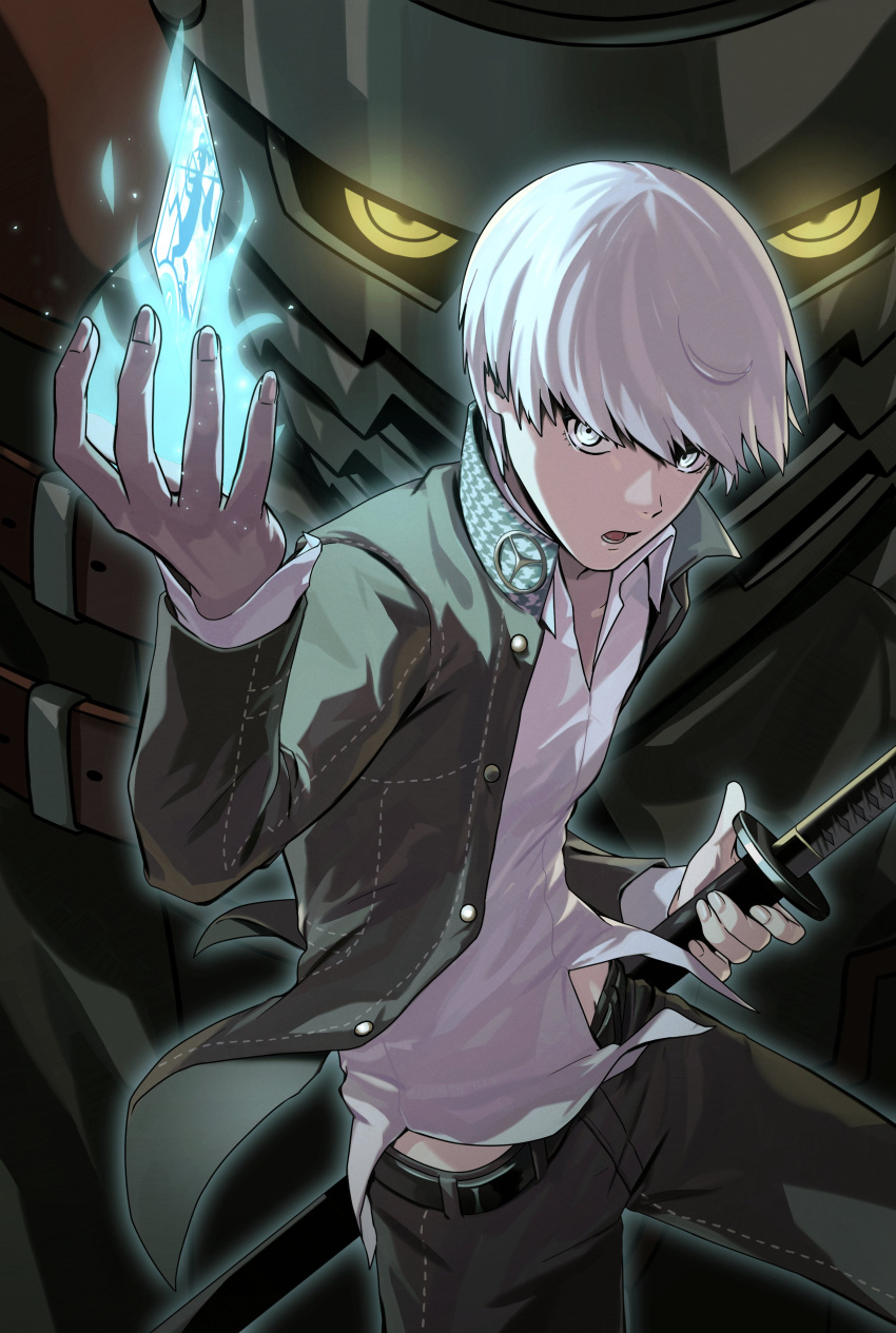 1boy, absurdres, belt, black_jacket, black_pants, collared_shirt, grey_eyes, grey_hair