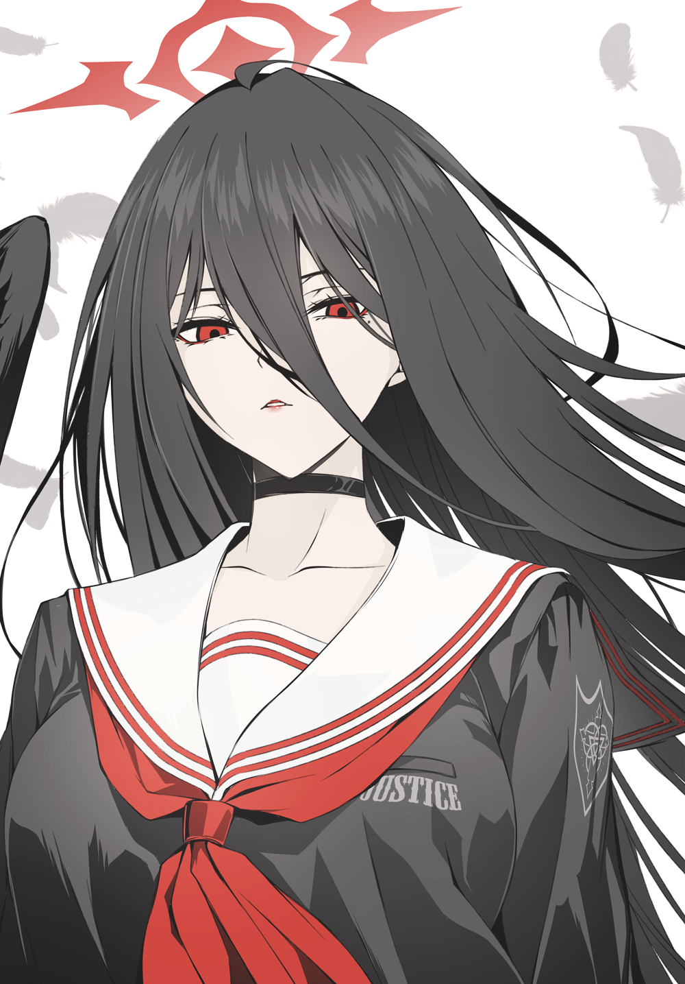 1girl, black_choker, black_feathers, black_serafuku, black_wings, blue_archive, breasts, choker, collarbone, commentary, falling_feathers, feathers, floating_hair, hair_between_eyes, half-closed_eyes, halo, hasumi_(blue_archive), highres, large_breasts, long_hair, looking_at_viewer, looking_down, moka_(mochafree), mole, mole_under_eye, neckerchief, parted_lips, red_eyes, red_halo, red_lips, red_neckerchief, sailor_collar, school_uniform, serafuku, simple_background, solo, straight_hair, trinity_general_school_logo, upper_body, white_background, white_sailor_collar, wings