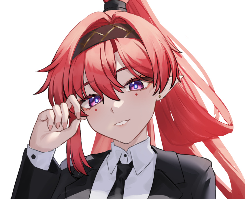 1girl, alternate_costume, black_hairband, black_jacket, black_necktie, circle_facial_mark, collared_shirt, commentary