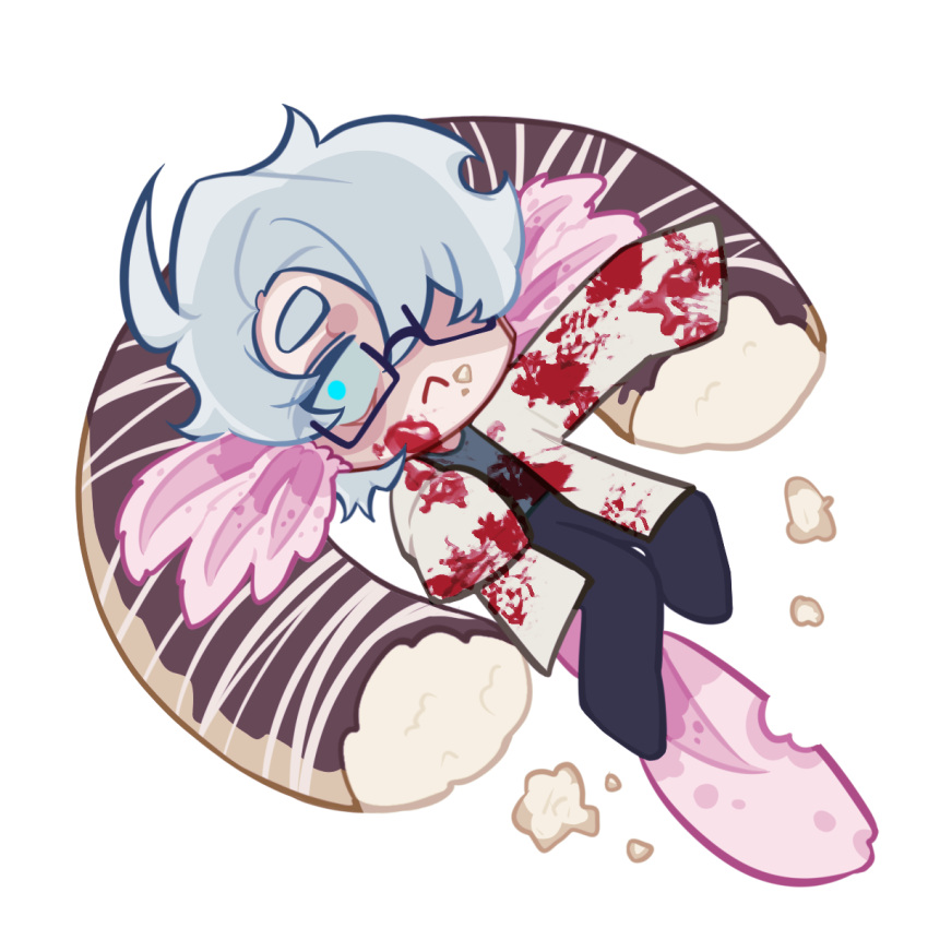 1boy, :<, axolotl_boy, axolotl_ears, axolotl_tail, black_pants, black_shirt, blood, blood_on_clothes, blood_on_face, blue_eyes, bluemonday999, chinese_commentary, closed_mouth, commentary_request, constricted_pupils, deformed, doughnut, food, glasses, hair_over_one_eye, highres, kanou_aogu, lab_coat, long_sleeves, male_focus, open_clothes, pants, rectangular_eyewear, saibou_shinkyoku, semi-rimless_eyewear, shirt, short_hair, simple_background, sleeves_past_fingers, sleeves_past_wrists, solo, white_background, white_hair
