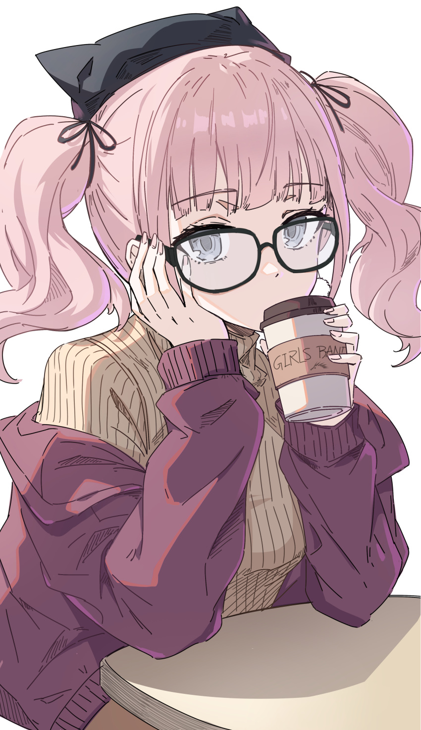1girl, absurdres, black-framed_eyewear, black_hat, black_ribbon, brown_sweater, commentary, cup