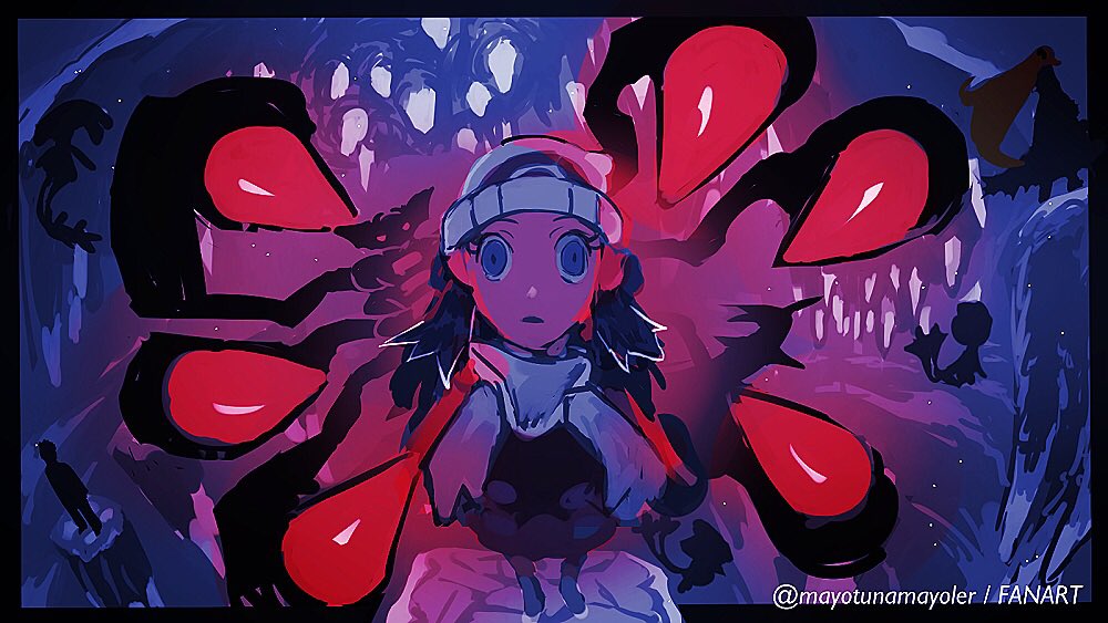 alternate_costume, azelf, back_turned, beanie, cynthia_(pokemon), cyrus_(pokemon), distortion_world, empty_eyes