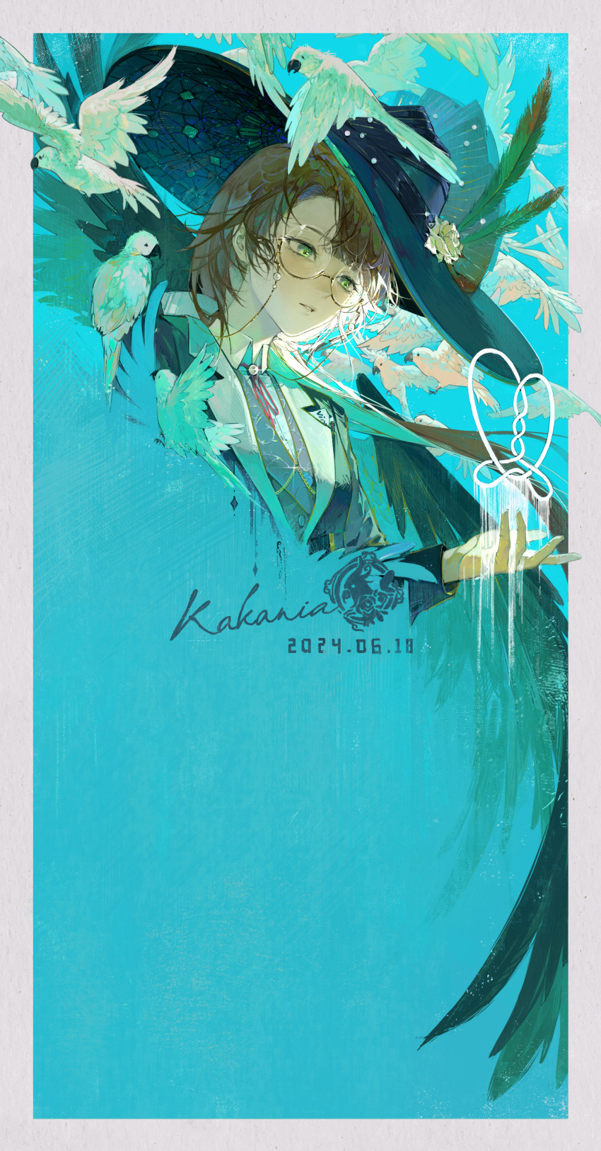 1girl, absurdres, aqua_background, bird, border, brown_hair, character_name, cropped_torso