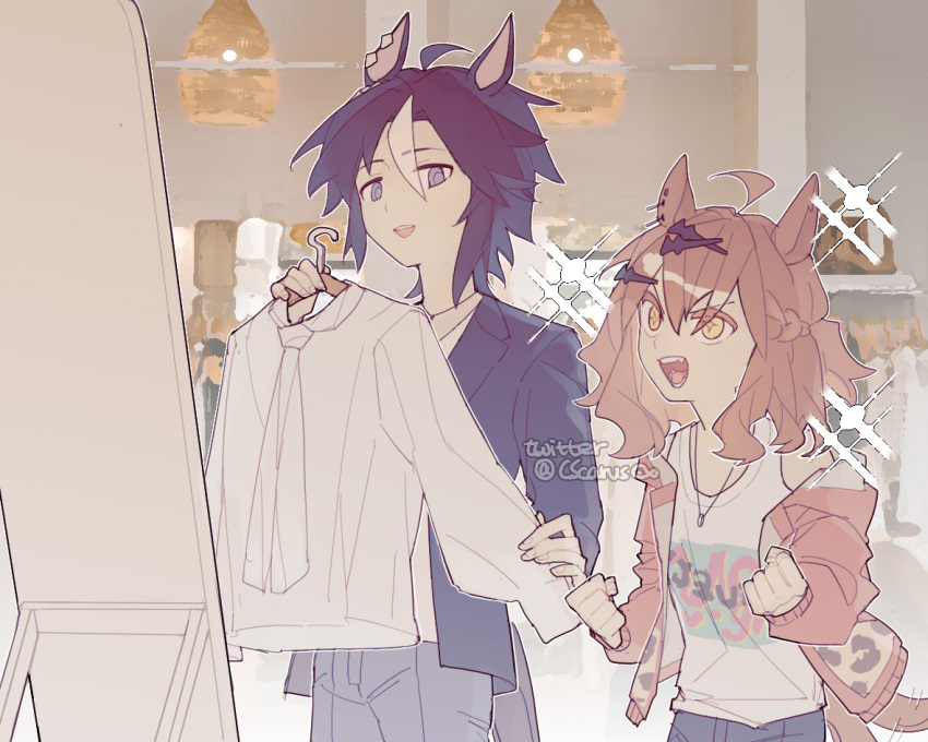 +_+, 2girls, ahoge, animal_ears, black_hair, black_jacket, blue_eyes, brown_hair