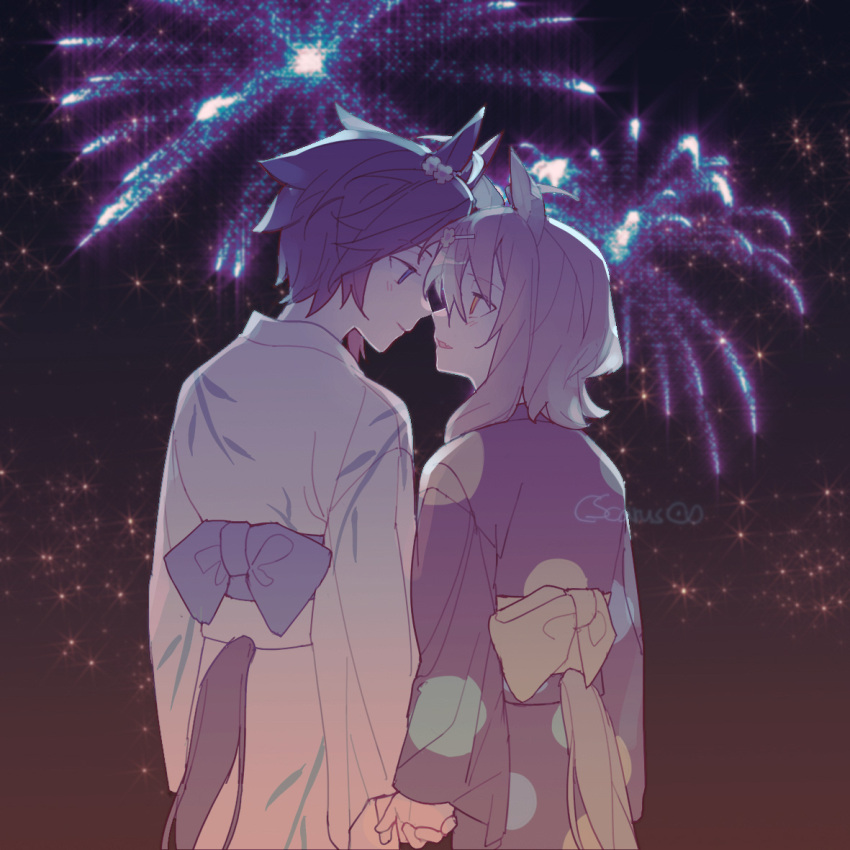 2girls, animal_ears, artist_name, blue_eyes, blush, closed_mouth, cscarus, diffraction_spikes