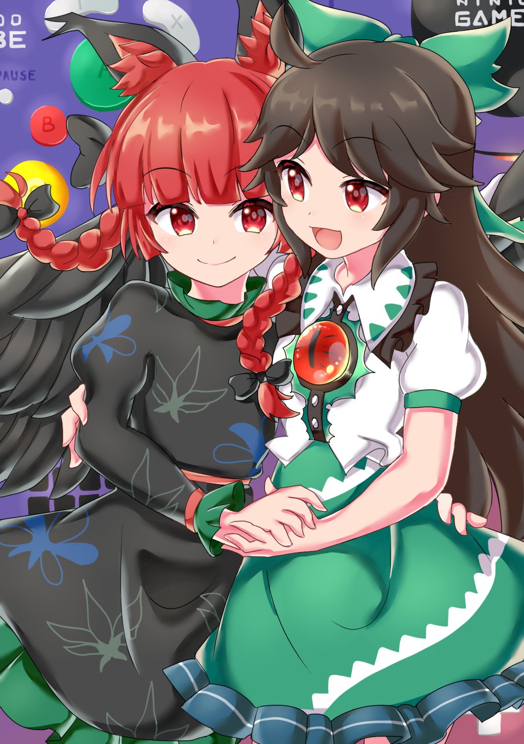 2girls, :d, animal_ear_fluff, animal_ears, black_hair, bow, braid, cat_ears
