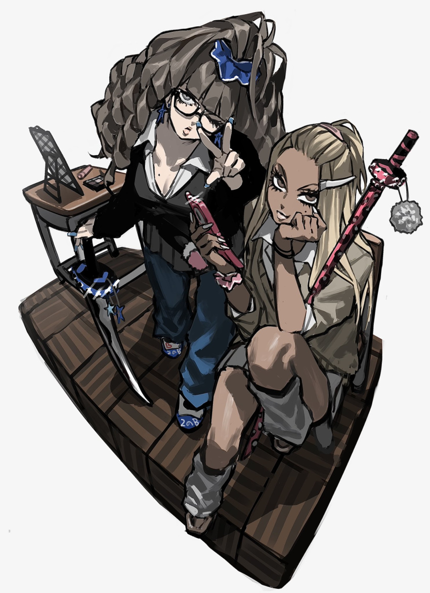 2girls, animal_print, bangs_pinned_back, black-framed_eyewear, black_cardigan, black_skirt, blonde_hair, blue_nails